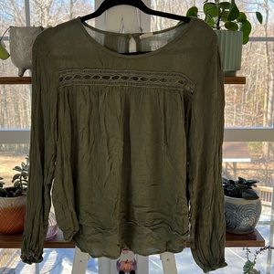 Long sleeve, army green blouse with design above chest